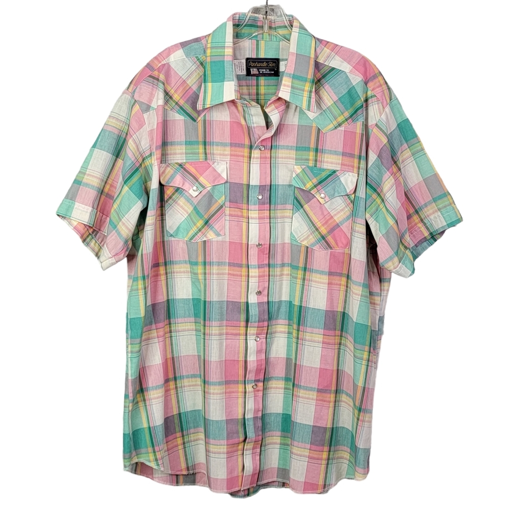 Panhandle Slim Vintage Pearl Snap Pastel Plaid Made in USA Western Shirt 17.5